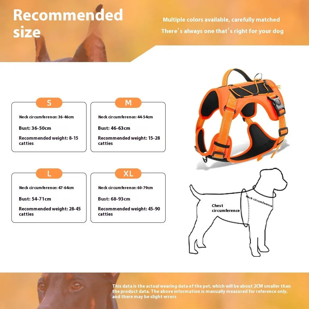 Reflective dog vest harness with integrated hand holding rope in multiple colour options