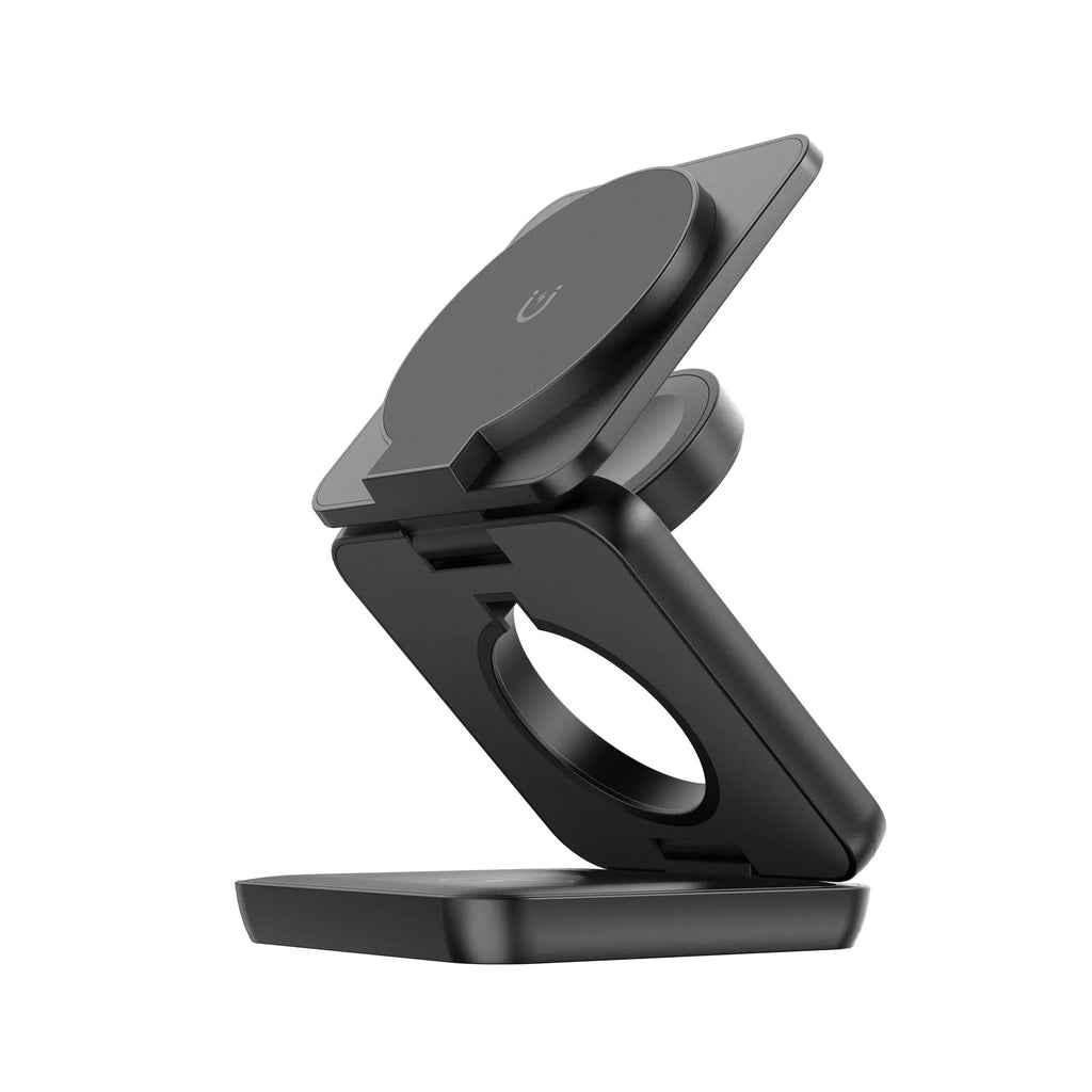 Black foldable magnetic wireless charging phone holder showing its compact size.