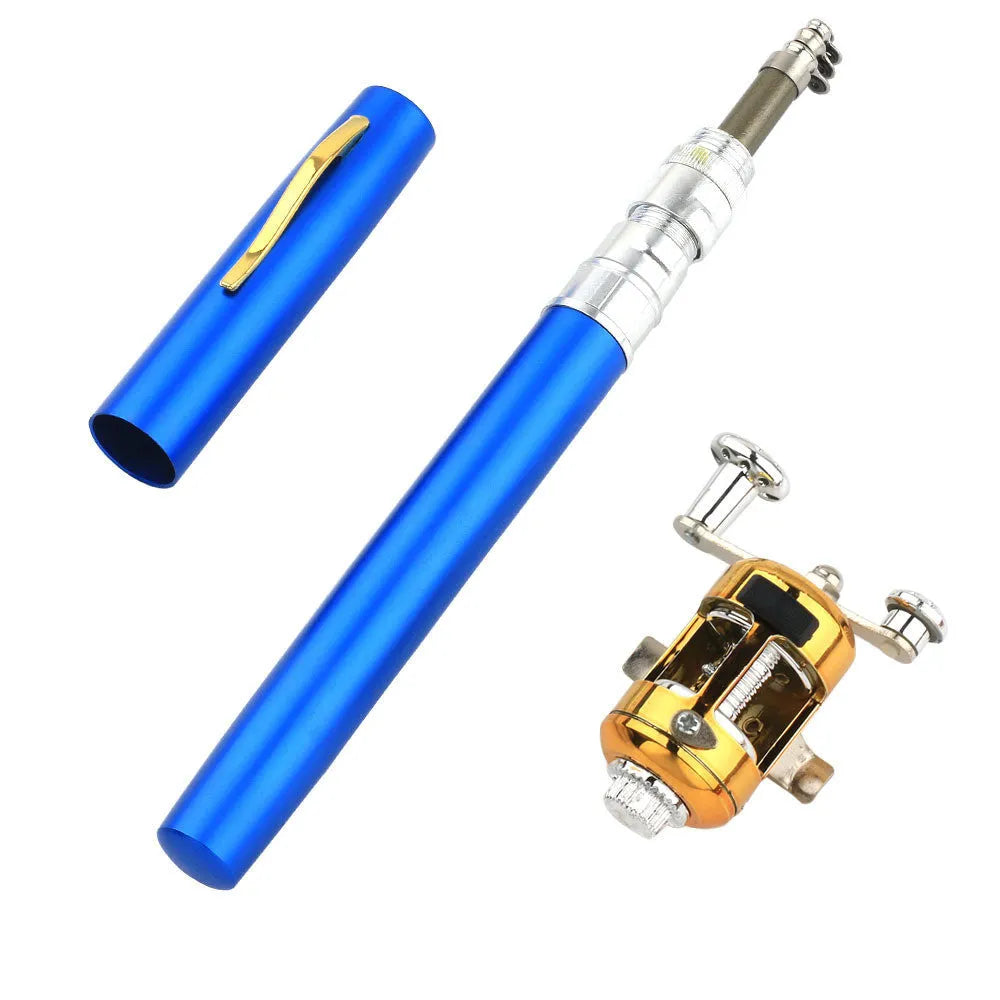 Compact telescopic pocket fishing rod kit with ST5RL reel in aluminium pen case, shown collapsed and extended.