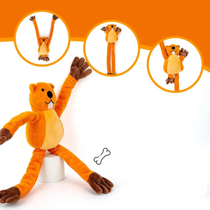 Orange soft plush dog toy with noise-maker for tug-of-war and chewing play