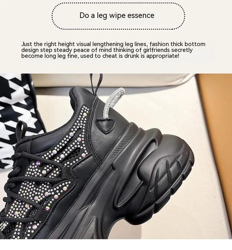 Women's mesh breathable sneakers platform mid heel lace-up black pink white sizes 35-40