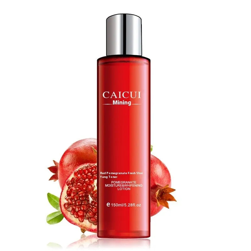 Pomegranate skincare set with four red packaged products: cleanser, toner, lotion and facial cream