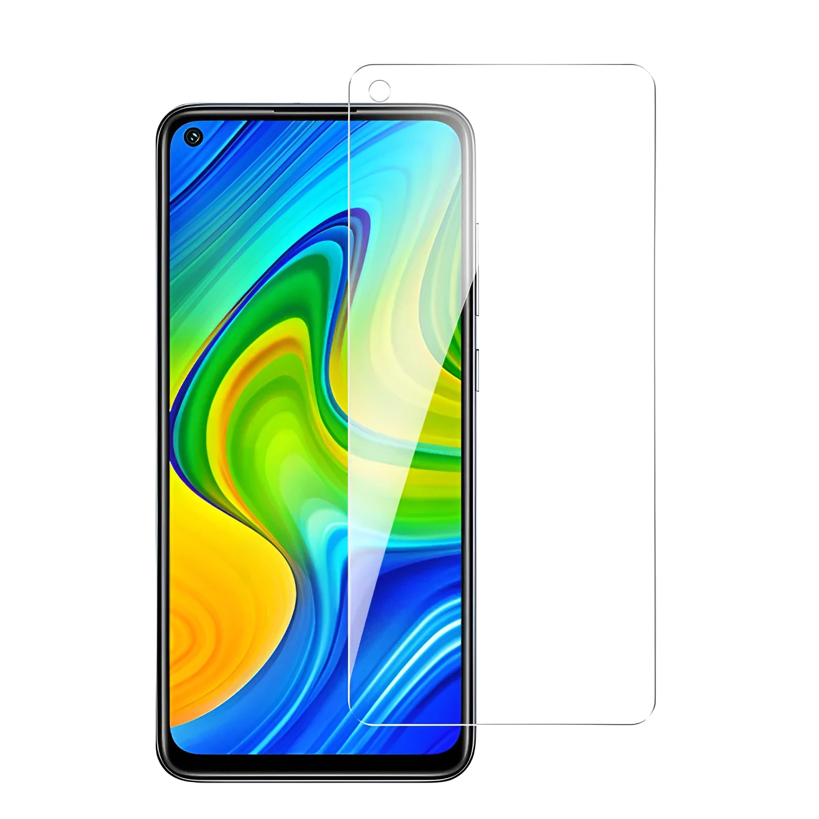 A full-screen tempered glass screen protector for Xiaomi smartphones, shown with anti-scratch and anti-fingerprint features.