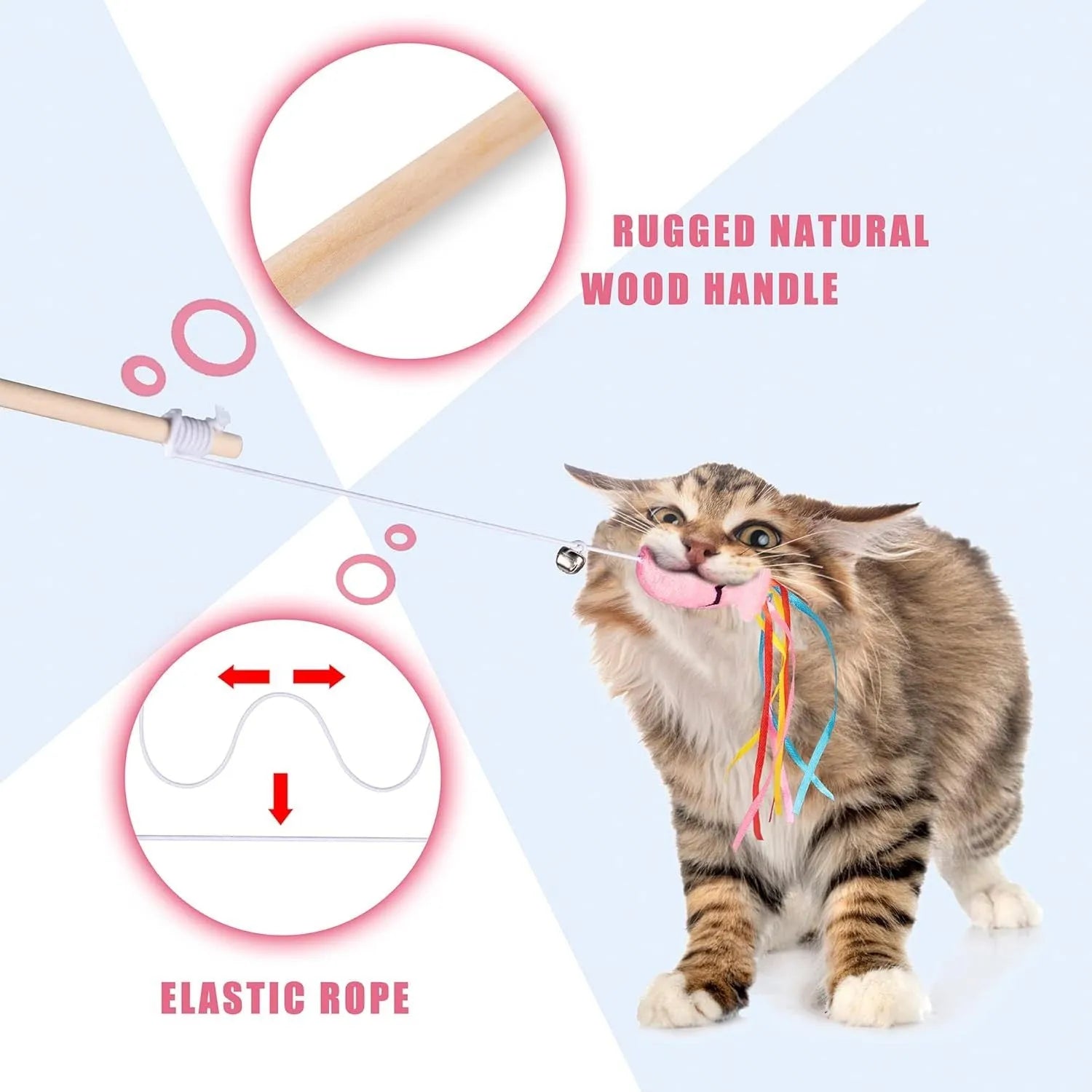 Interactive cat wand toy with wooden handle, colourful ribbons, catnip fish, and bell for indoor cat play