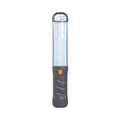 Grey multifunctional LED work light with magnetic base and 360° rotation on a metal surface