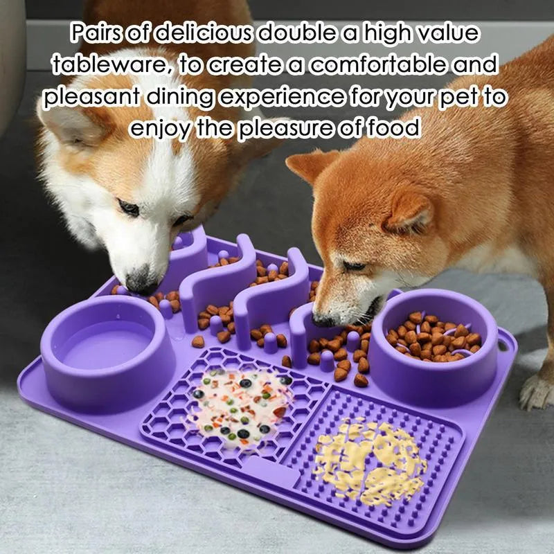 Multi-functional silicone pet slow feed lick mat in black, 304x204x42mm, foldable and portable for dogs cats