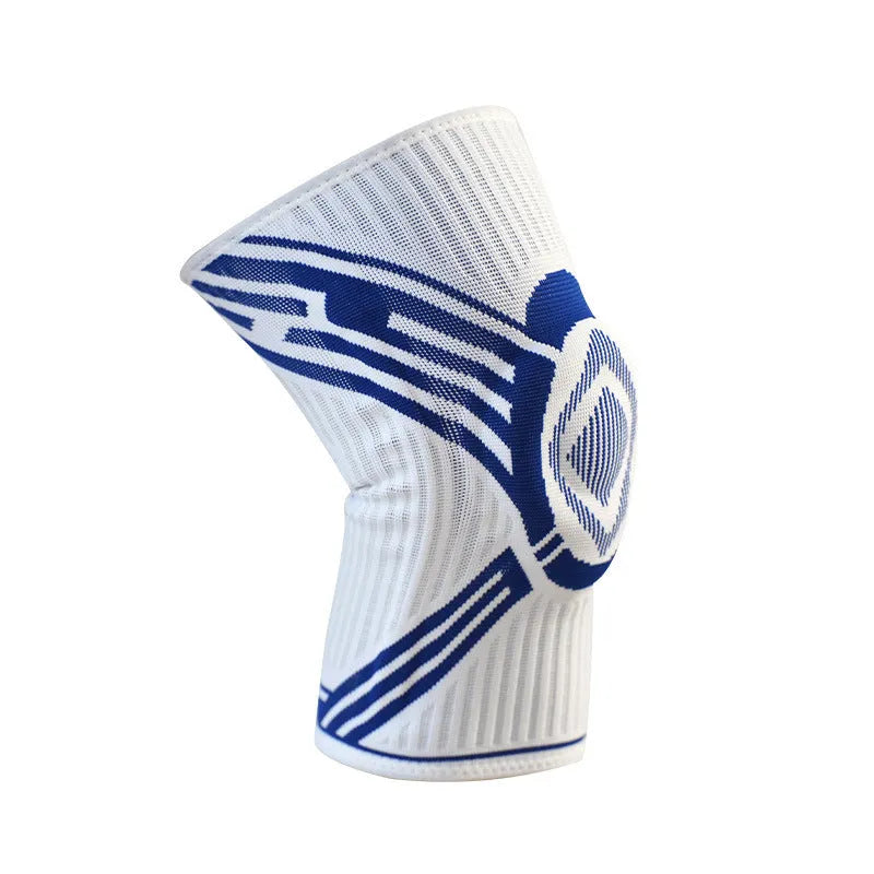 Blue pressurised cotton knee pad for basketball and running sports on adult leg