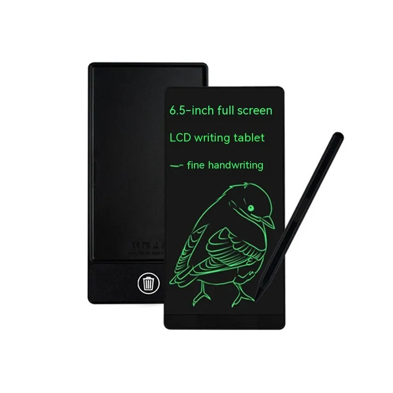 Blue and black LCD handwriting board with 6.5-inch screen and stylus on a desk.