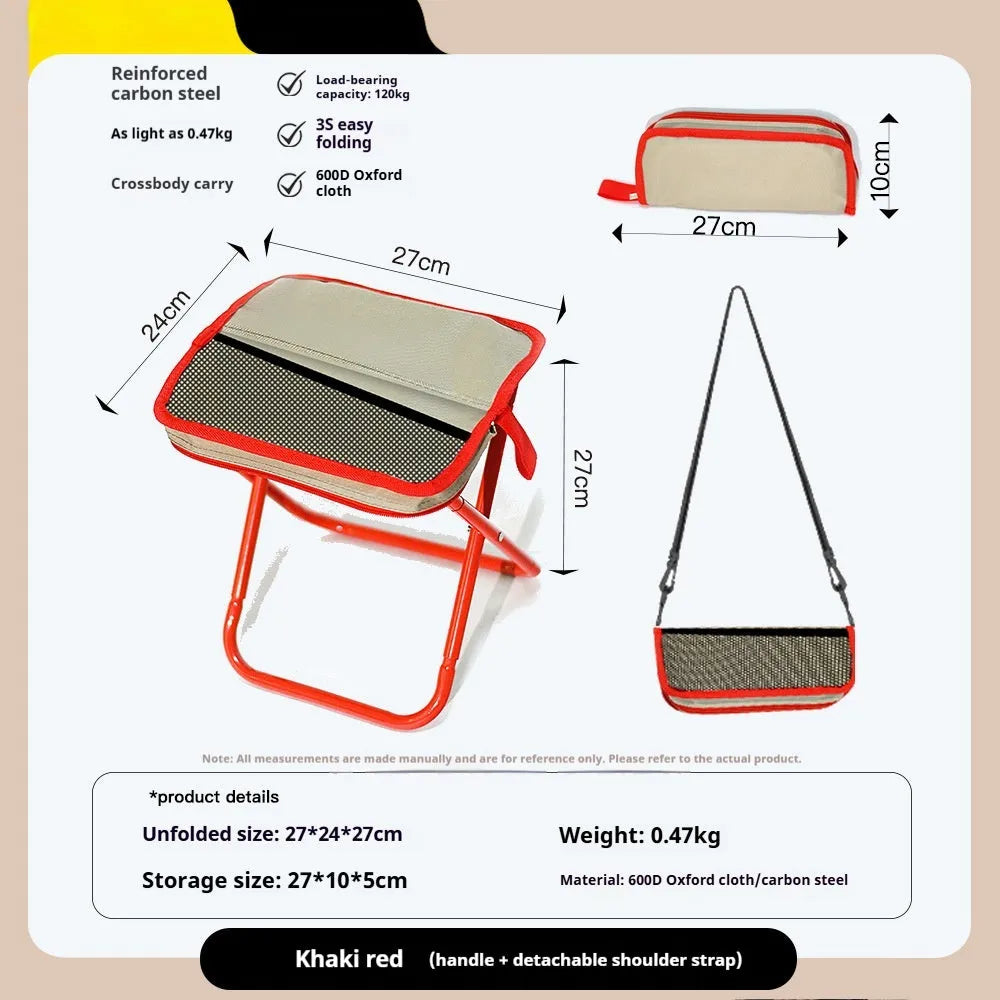Foldable outdoor camp stool in Oxford cloth, shown in a khaki colour, compactly folded with carry handle.