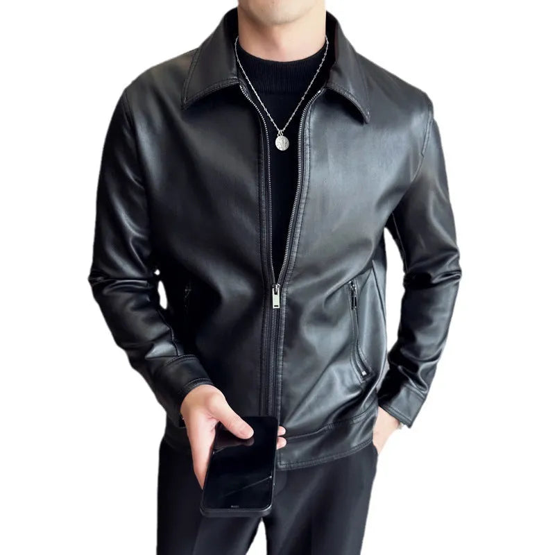 Black men's loose-fit PU leather jacket with zip and pockets on a mannequin