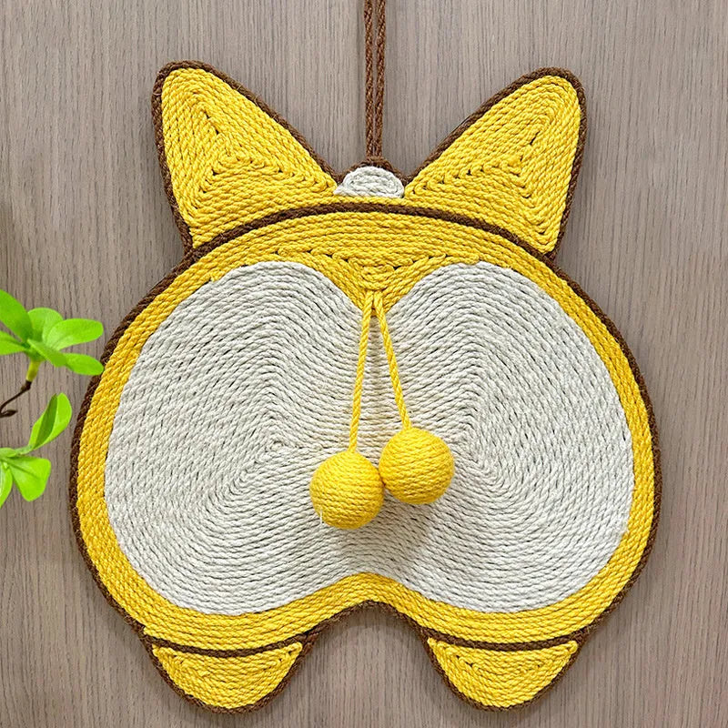 Yellow cat scratching board with Corgi designs measuring 37x40cm with sisal surface