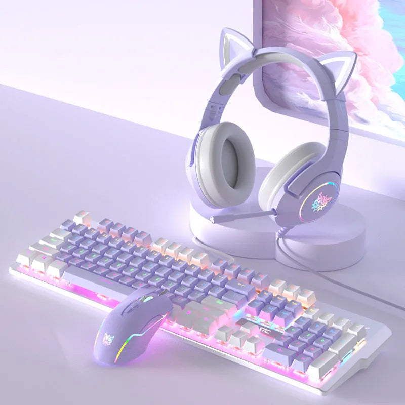 Purple mechanical keyboard and mouse wired set with white accents and mixed backlighting
