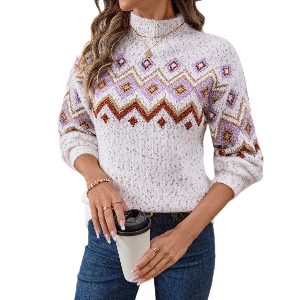 White loose fit sweater with geometric pattern and half turtleneck collar