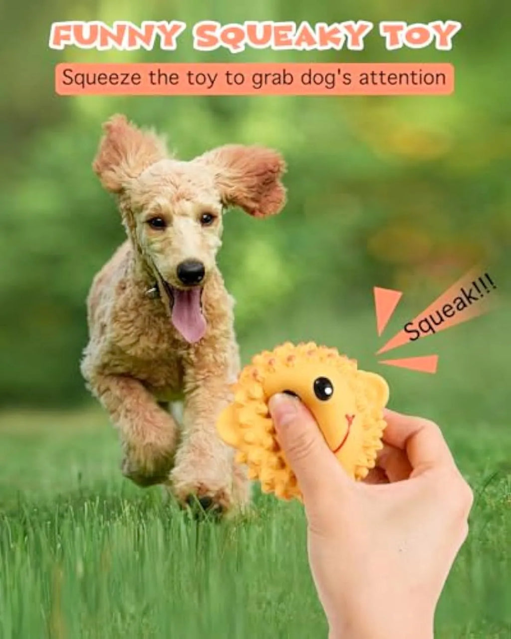 Orange and yellow spiky latex dog toy with animal design for small medium breed teeth cleaning