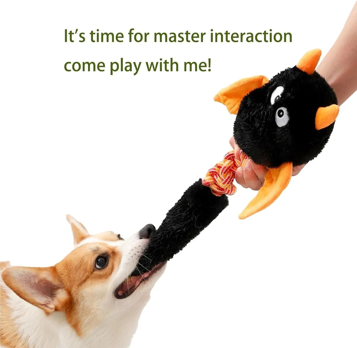 Large black plush dog toy with cartoon shape, rope knot, and squeaker for aggressive chewers.
