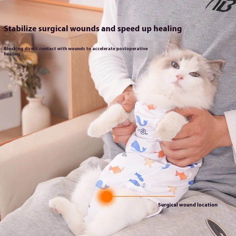 Cat wearing a patterned polyester sterilisation recovery suit with Velcro fastening on its side.
