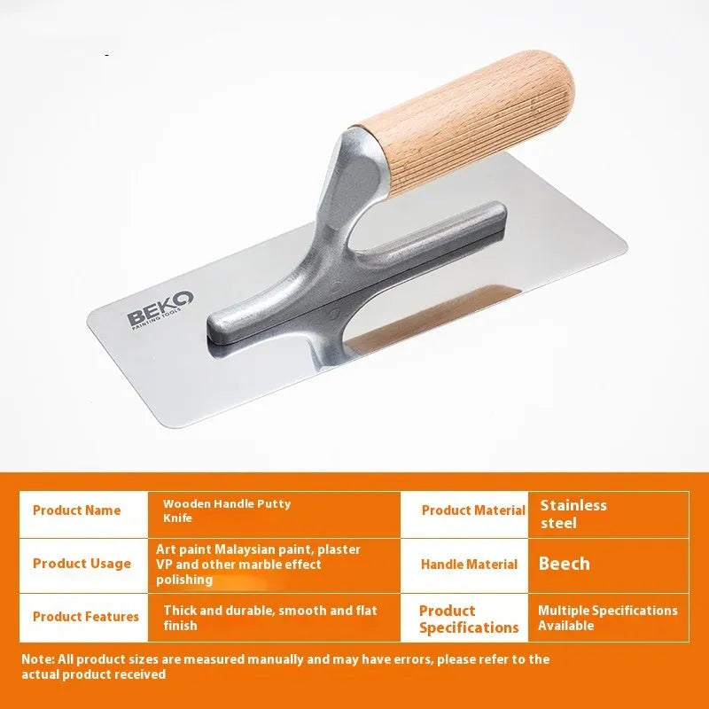 Stainless steel putty scraper with wooden handle for floor and wall decoration work.