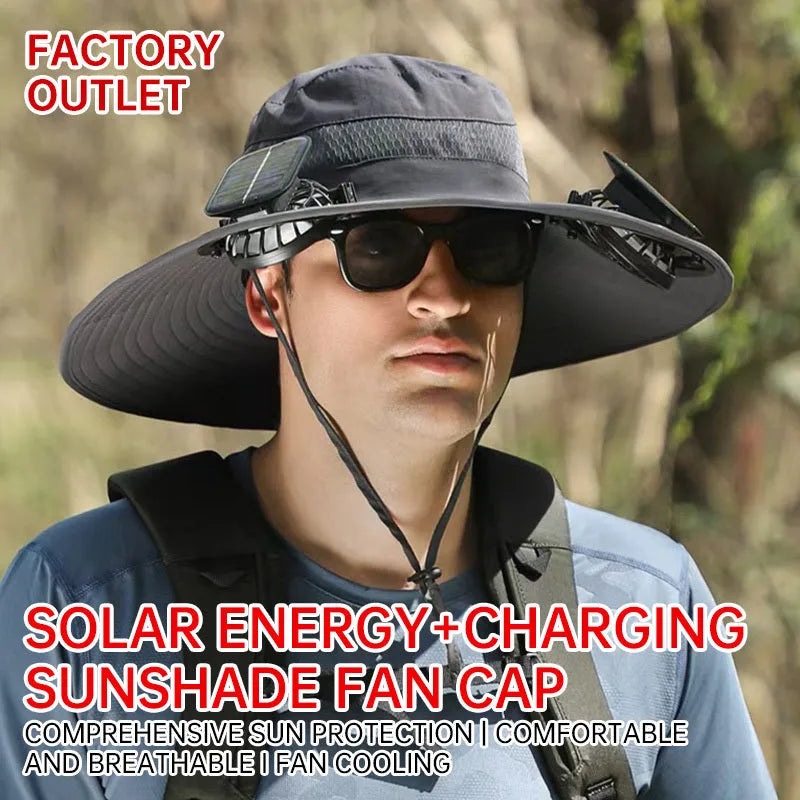 Man wearing a beige wide-brim solar fan hat outdoors, showing the built-in fan and solar panels.