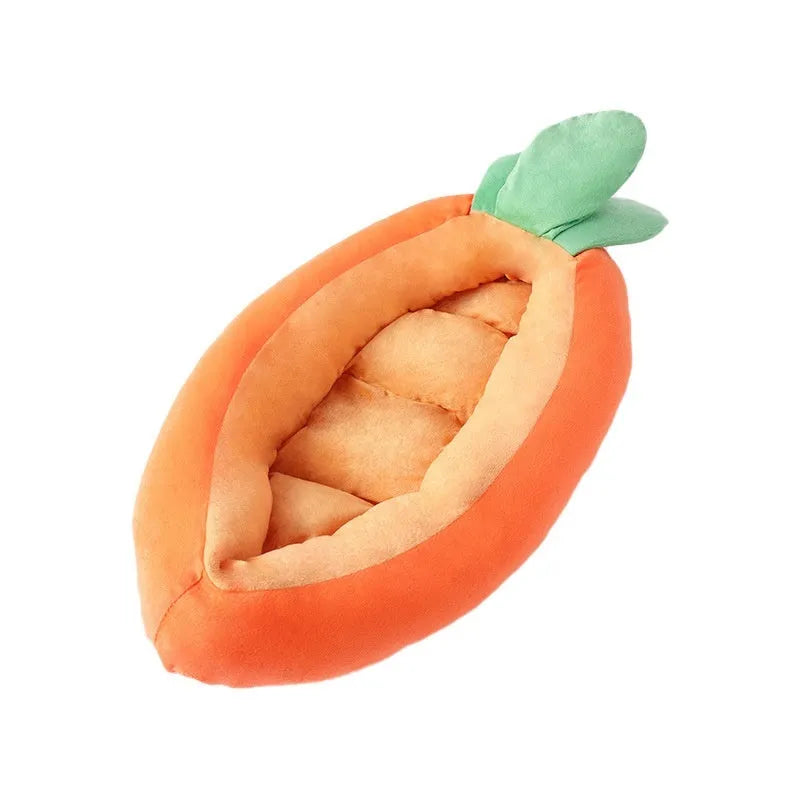 Cartoon carrot design double-sided dog bed with removable cover in medium and large sizes.