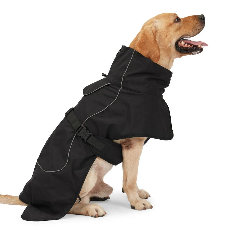 Medium to large dog wearing winter snowproof coat in army green made from waterproof nylon with casual style