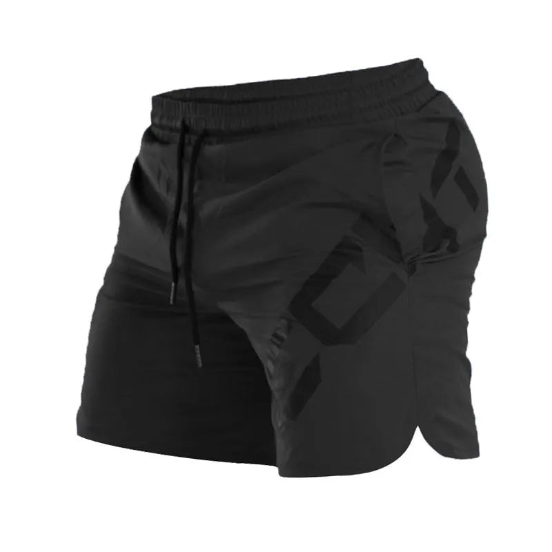 Men's elastic waist training running shorts in black with knee-length cut