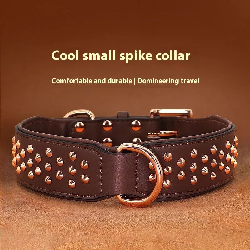 Leather dog collar with visible rivets in black, chocolate or pink for medium to large breeds