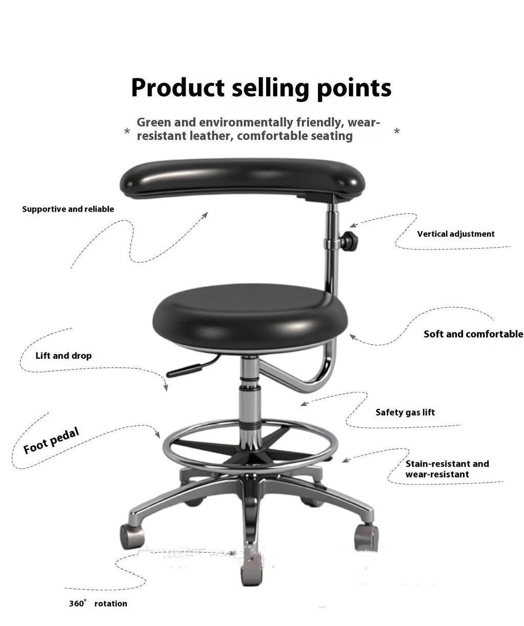 Black leather dental hospital chair used as a patient lift and dentist seat.