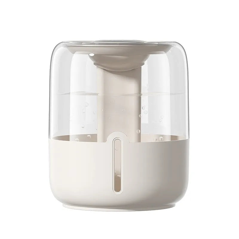Beige round USB humidifier with dual spray nozzles, humidity display, and gear controls.