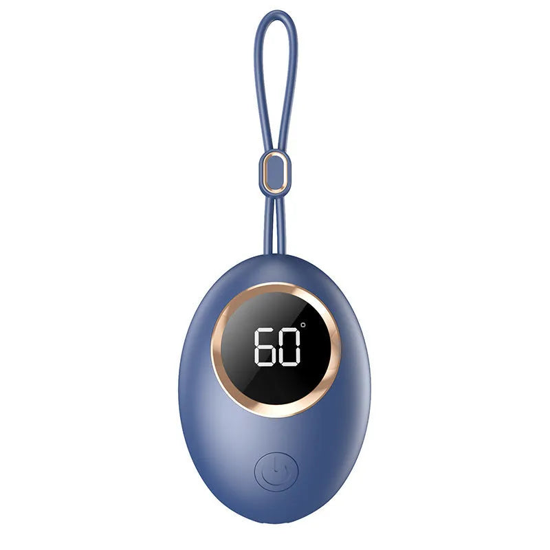USB-powered hand warmer with digital display showing battery level and heat settings