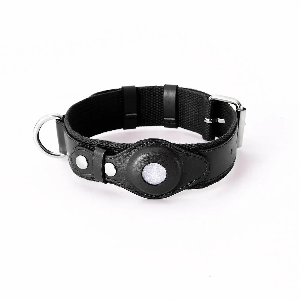 Leather pet collar with AirTag holder in bear brown colour with metal buckle and stitched pocket