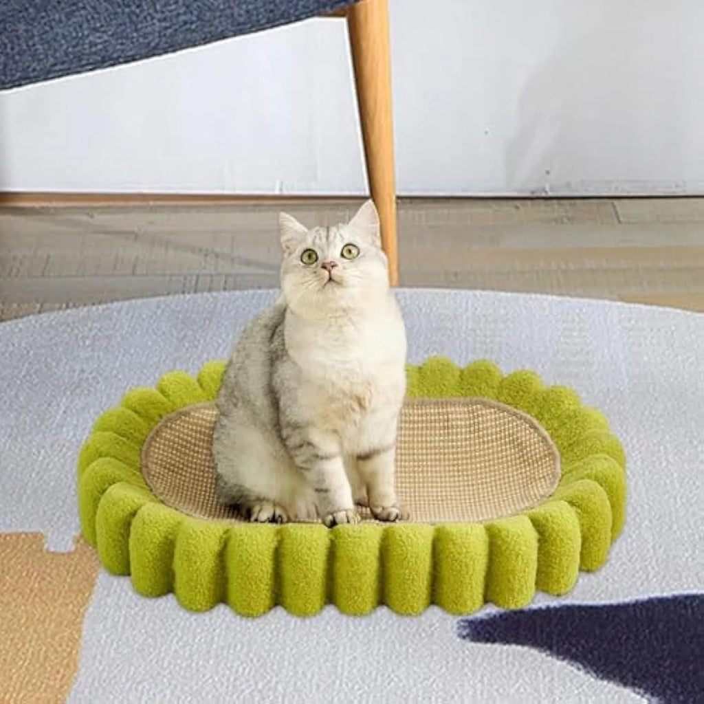 Green oval cat scratch pad and lounger bed made from sisal fabric.