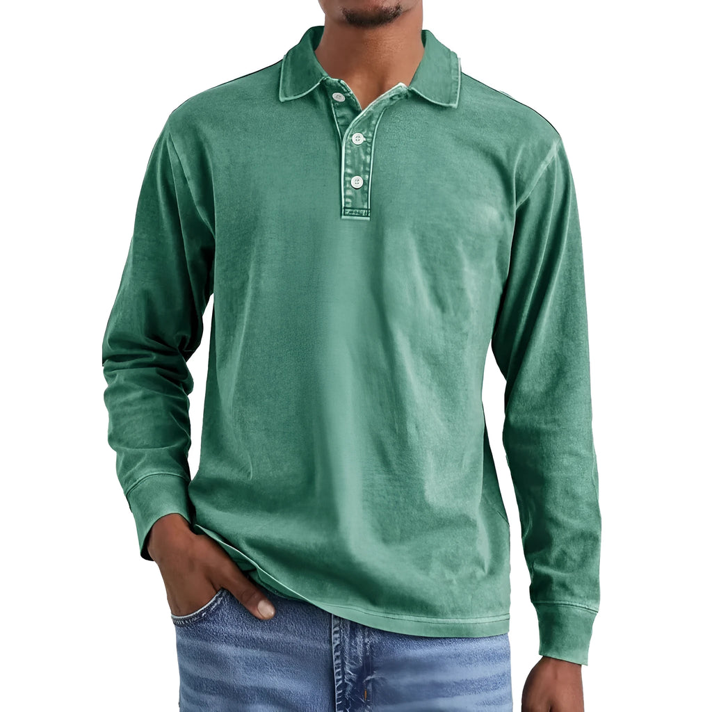 Retro washed distressed pure cotton lapel long sleeve polo shirt in Army Green.