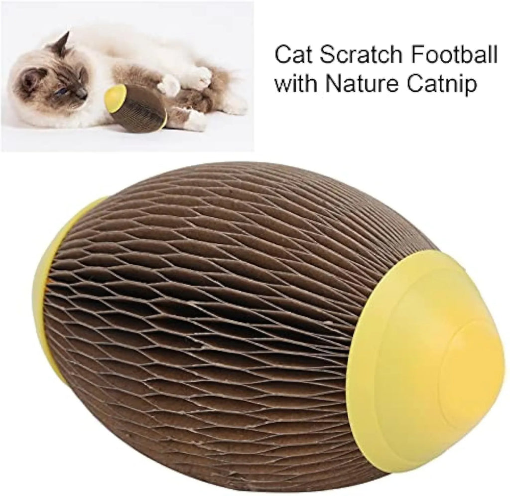 Elliptical corrugated paper catnip scratch ball toy on a plain surface.