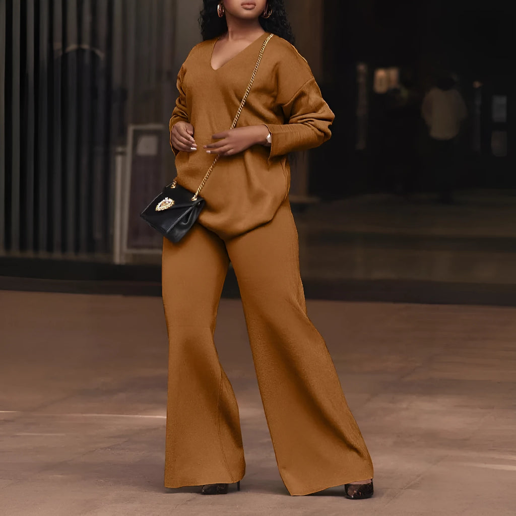 Women's brown suede velvet two-piece suit with long sleeves and trousers in Japanese Korean style