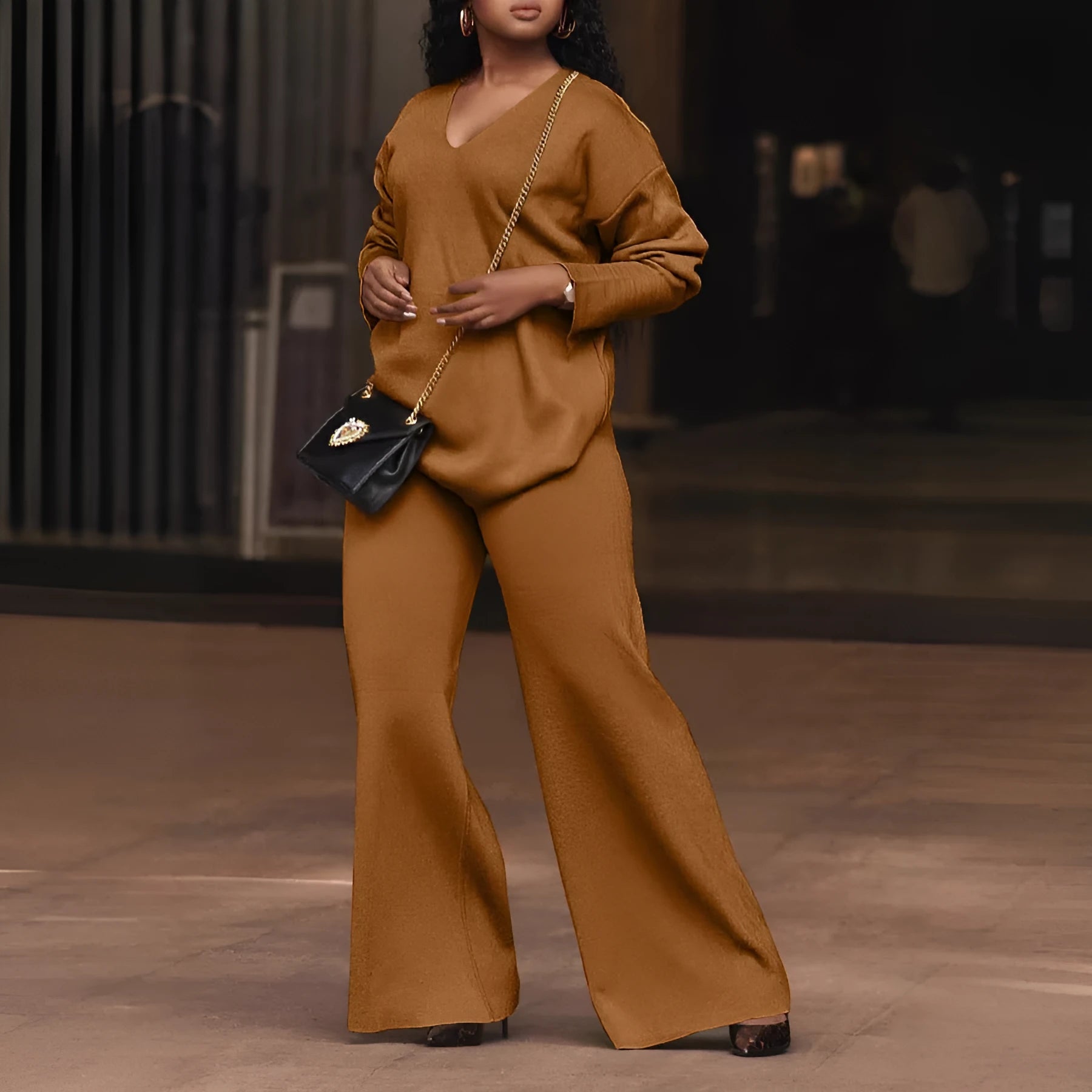 Women's brown suede velvet two-piece suit with long sleeves and trousers in Japanese Korean style