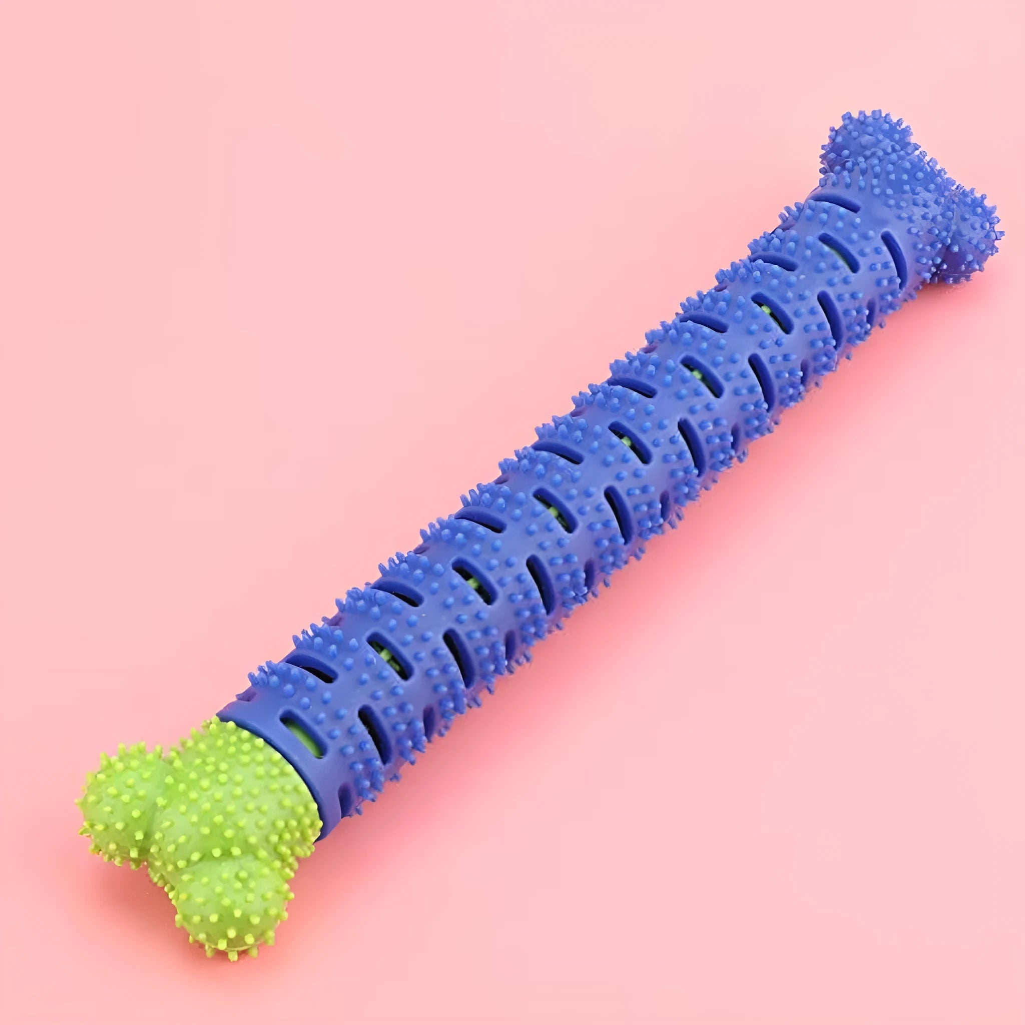 Blue and green silicone dog dental cleaning stick with textured bristles and nodules, 25 cm length