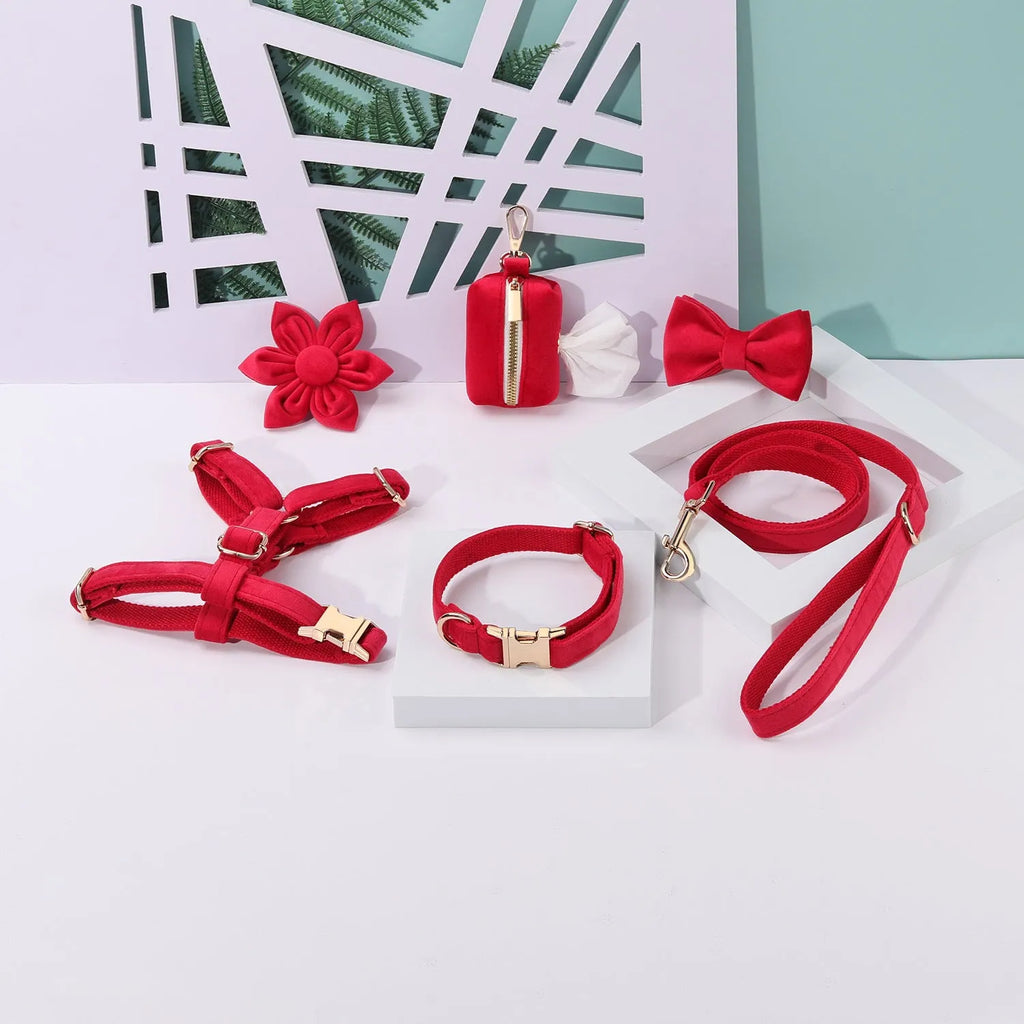 Velvet pet collar and matching traction rope set with chest strap, bow tie, flower accessory, and toilet bag