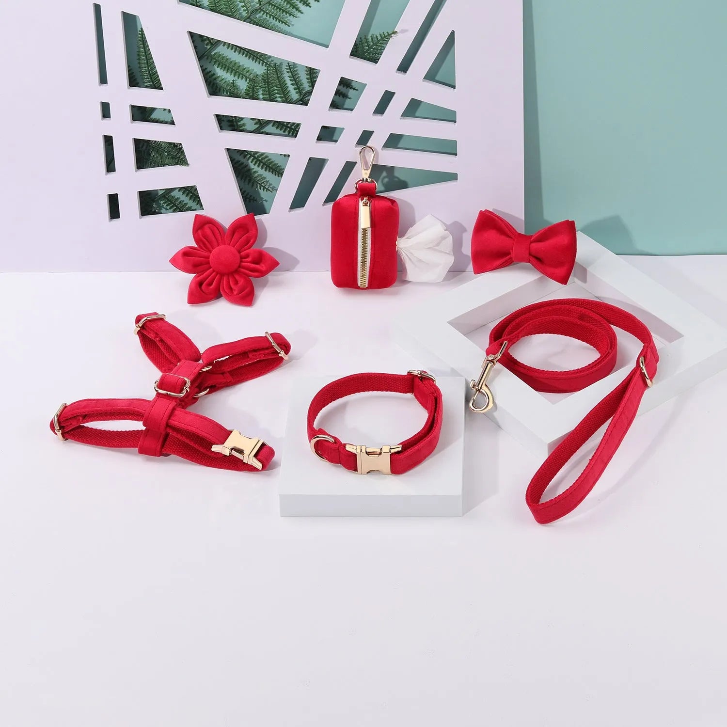 Velvet pet collar and matching traction rope set with chest strap, bow tie, flower accessory, and toilet bag