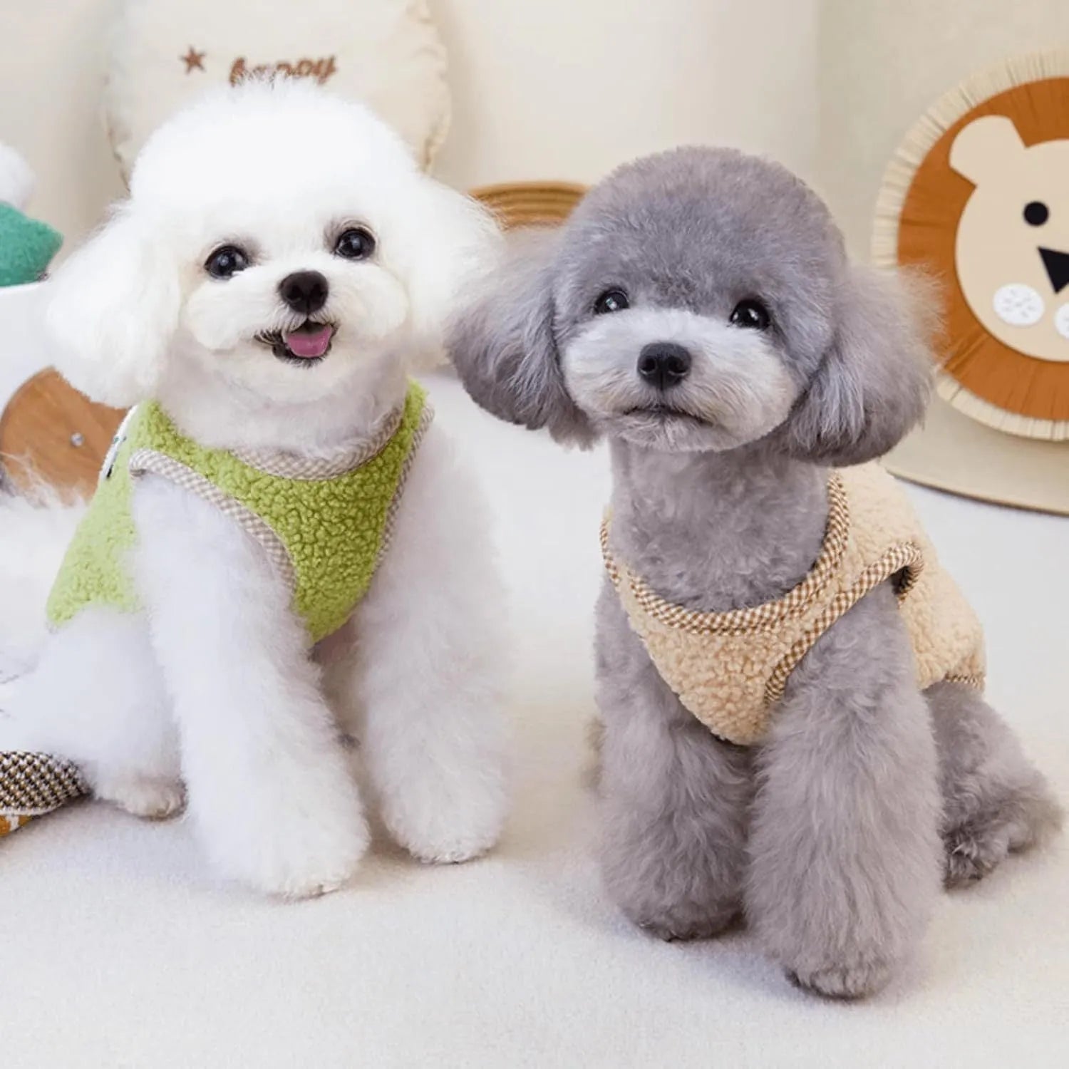 Green coral fleece dog sweatshirt vest with leash ring for winter wear