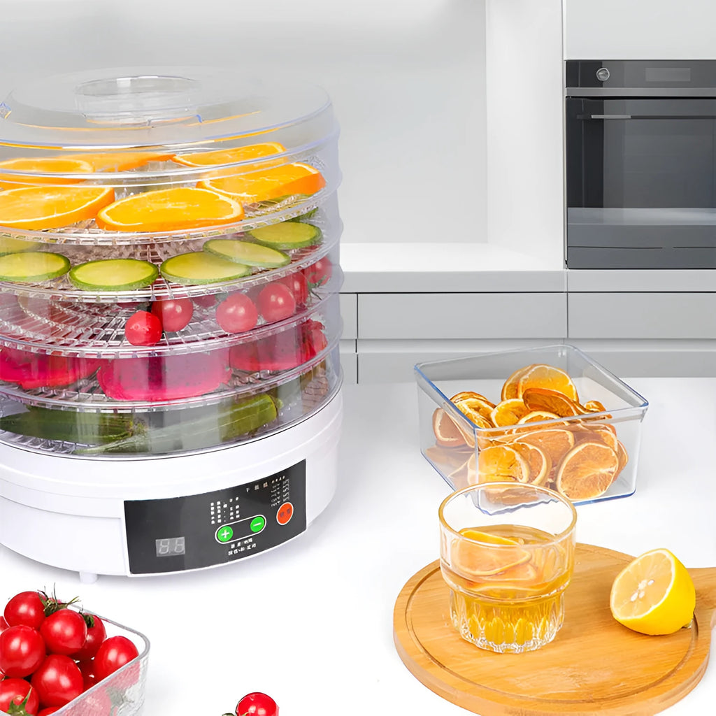 Five-layer household food dehydrator with UK plug on kitchen countertop