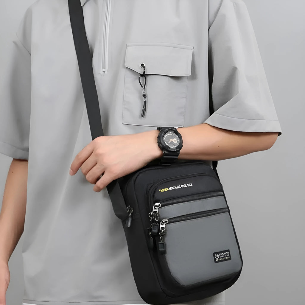 Men's waterproof nylon crossbody bag in green colour with polyester lining and sewing thread detail