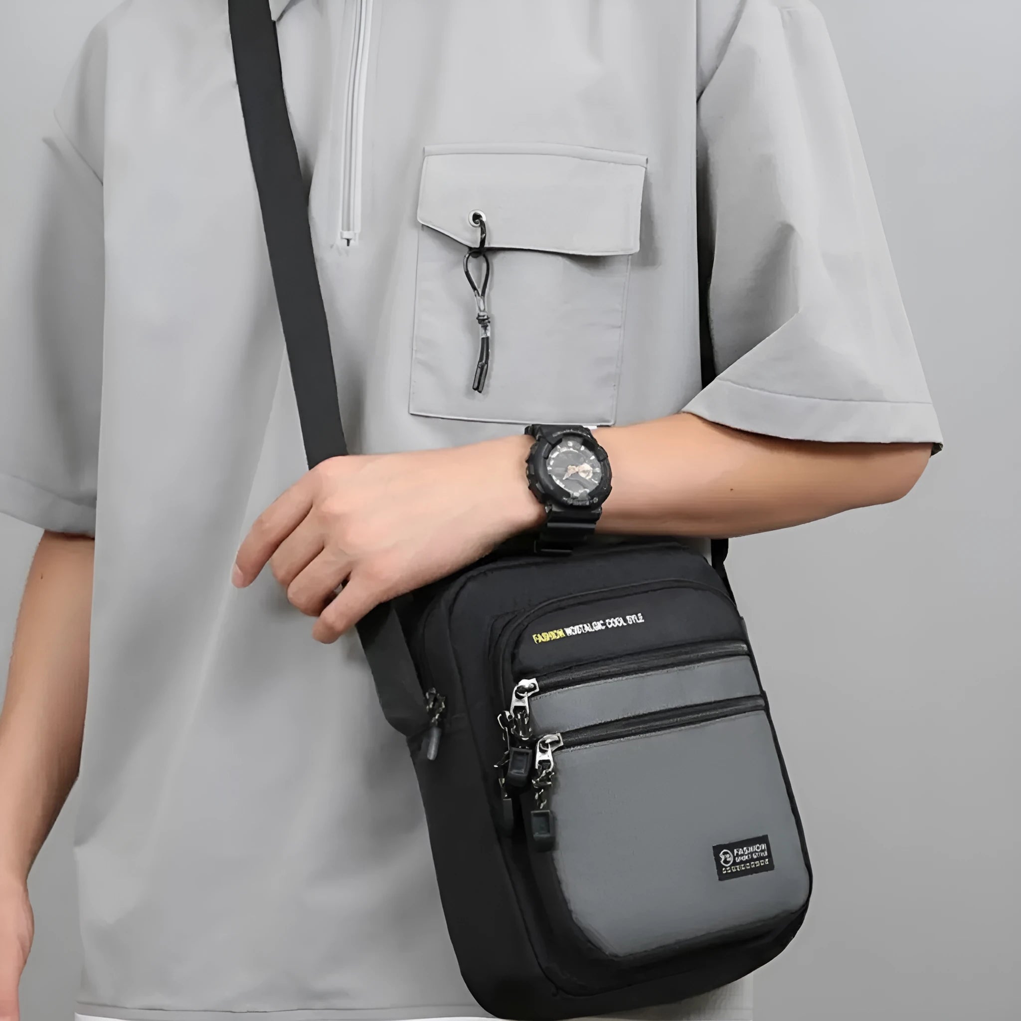 Men's waterproof nylon crossbody bag in green colour with polyester lining and sewing thread detail