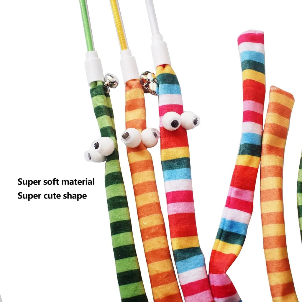 Long cat wand toy with a colourful plush strip and bell for interactive play with cats
