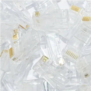 Bulk pack of 1000 white RJ45 network plugs with gold-plated contacts and copper inserts.