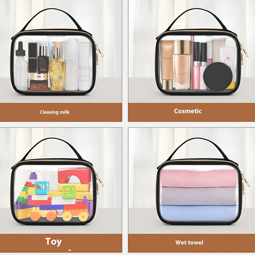 Transparent PVC cosmetic wash bag with chain handle showing interior contents