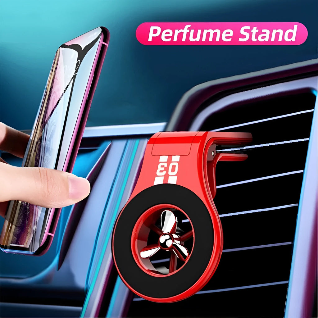 Magnetic car phone holder attached to vehicle air vent with phone mounted