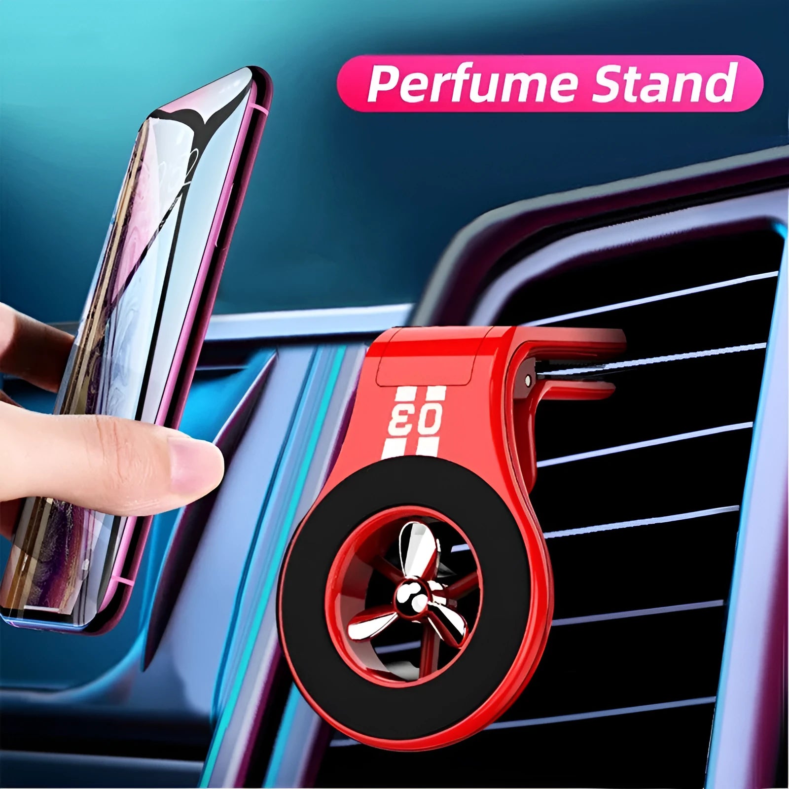 Magnetic car phone holder attached to vehicle air vent with phone mounted