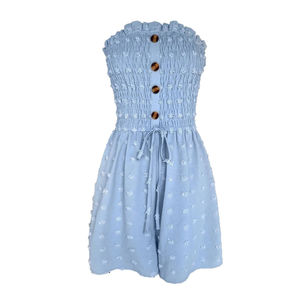 Women's solid colour off-shoulder jumpsuit with button front detail in thin polyester fabric