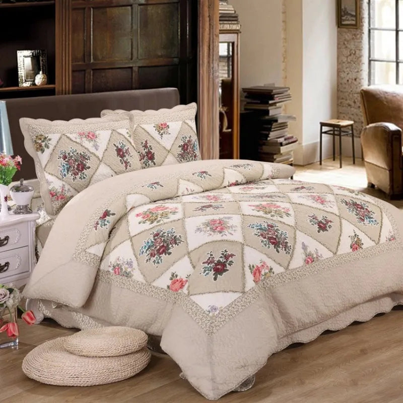 Washed pure cotton quilted bedspread and pillowcase three-piece set in a beige colour pattern on a bed.