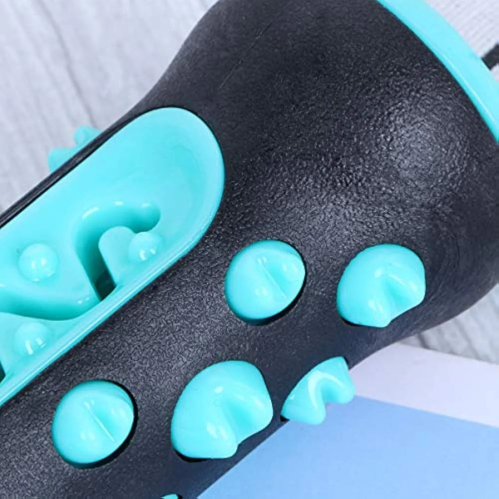 Natural rubber dog dental chew toy in blue colour with textured cleaning surfaces.